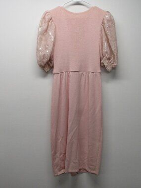 Vintage 80s St John Santana Knit Pastel Pink Sequin Beaded Poof Sleeves Dress 12